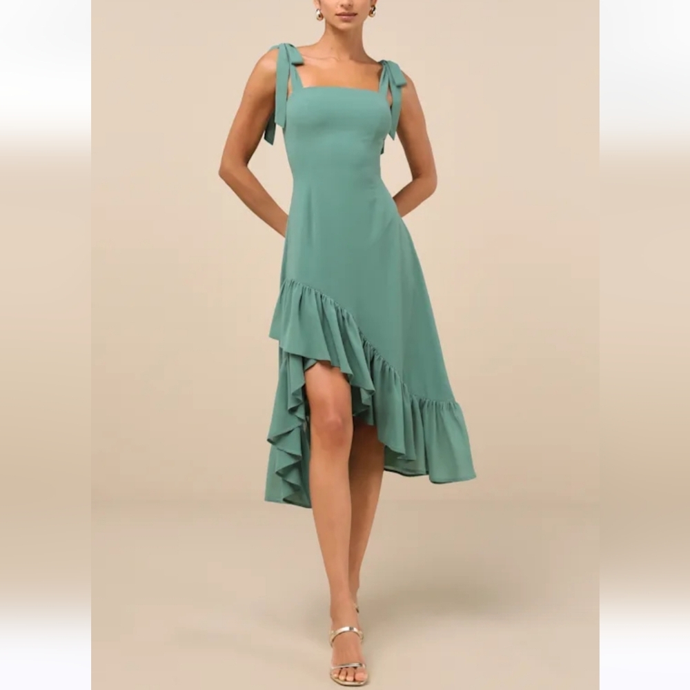 Lulus Tamryn NWT Dark Sage Asymmetrical Ruffled Midi Dress